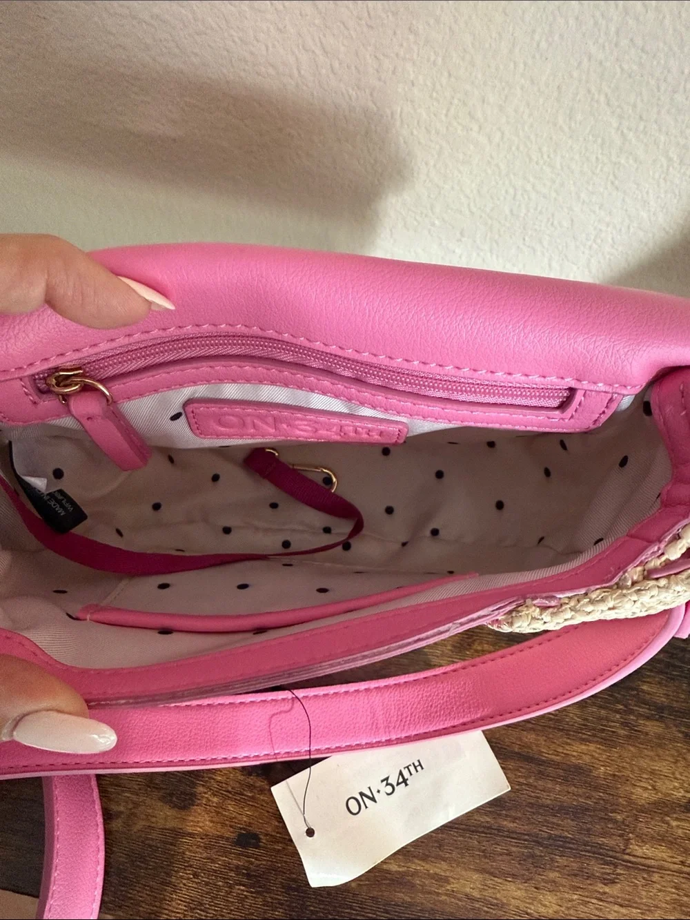 Pink Woven Crossbody Bag with Faux Leather Trim